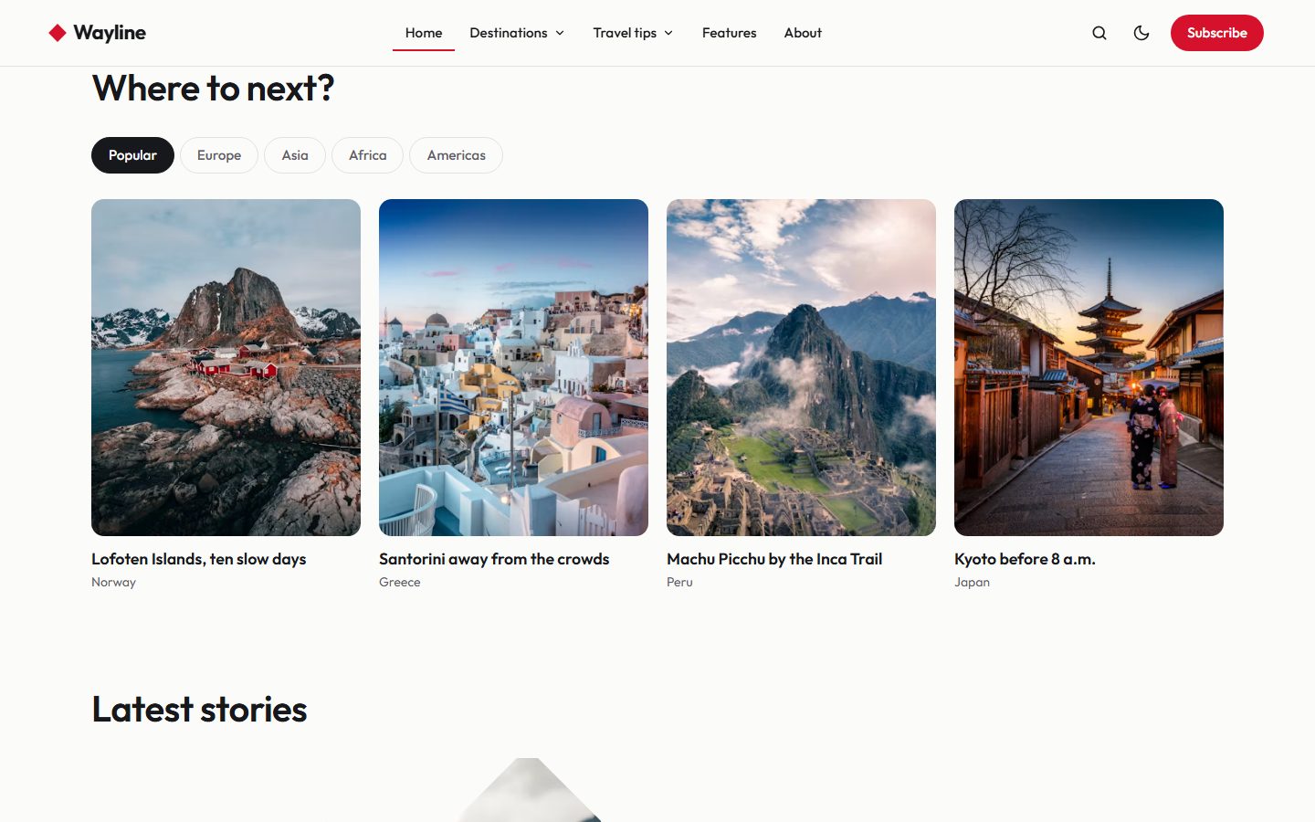 Destinations with tabs by continent