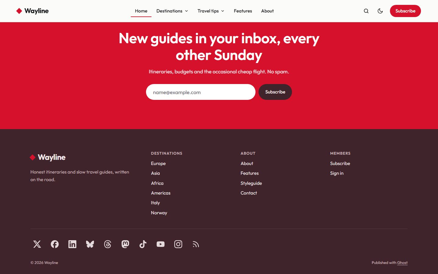 Newsletter band and footer with social links