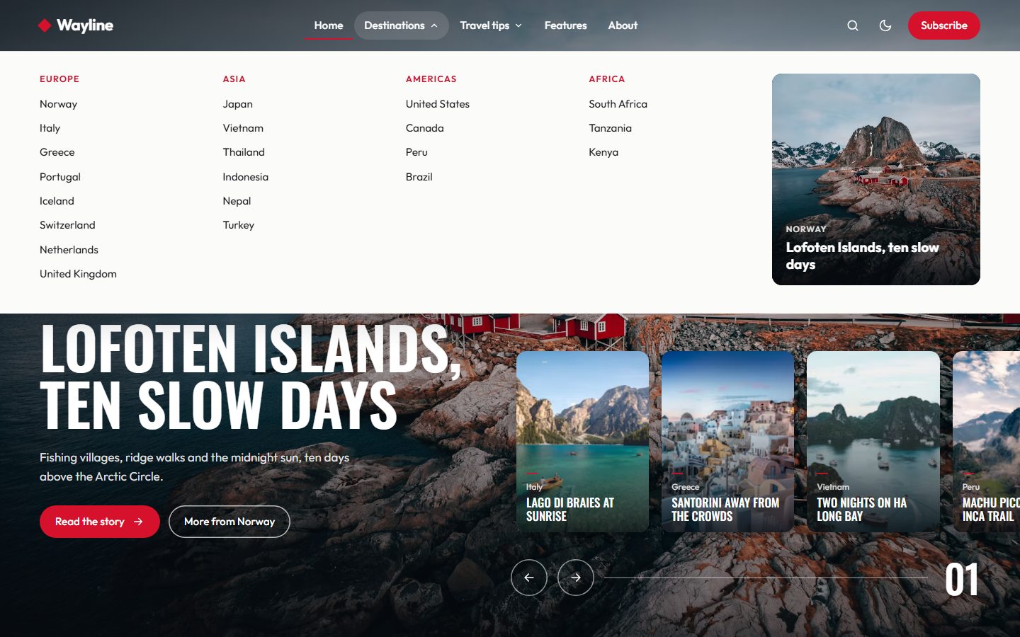 The mega menu with continents and countries