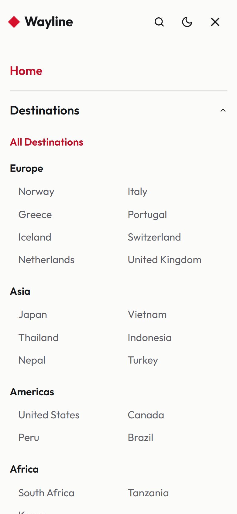 Mobile menu with continents and countries